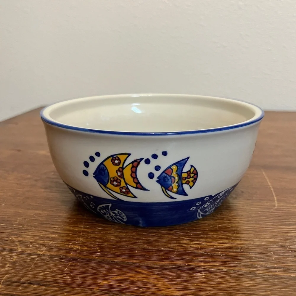 Yokohama Studio Hand-Painted Fish Bowl – Blue & Yellow Ceramic Coastal Décor